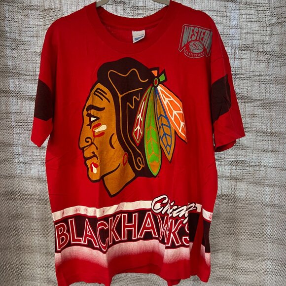 CHICAGO BLACKHAWKS | Vintage Jersey All-Over Print Tee | LARGE - Picture 1 of 4